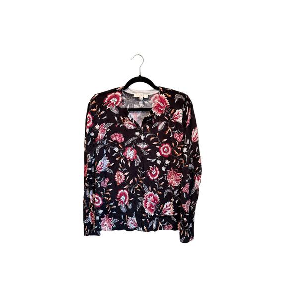 LOFT Black and Red Floral Button Front Blouse Womens Size Large - Picture 4 of 8